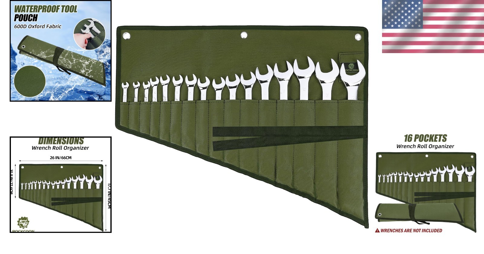 Compact & Lightweight Waterproof Wrench Roll – Organize with 16 Pockets in Green