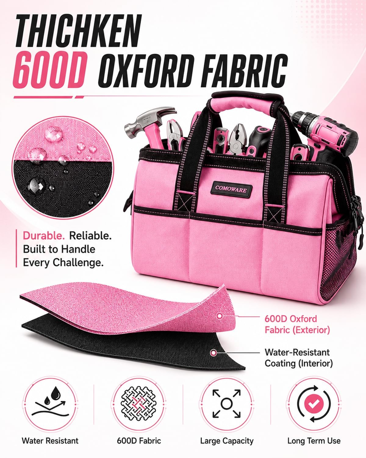 13-Inch Tool Bag for Women, Pink Soft Storage Bag with Inside Pockets