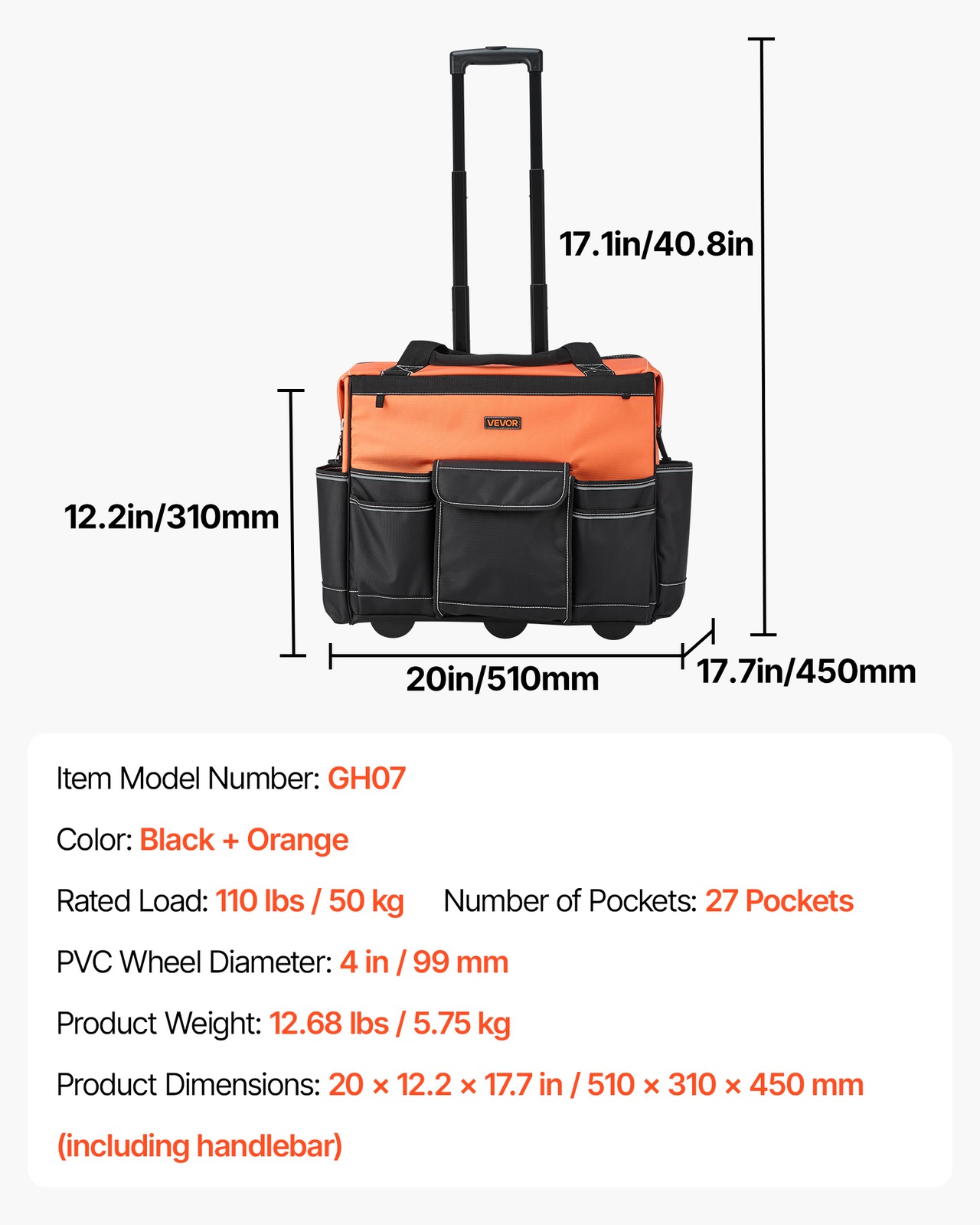 VEVOR Rolling Tool Bag 27 Pockets Heavy Duty Roller Tool Bag on Wheels