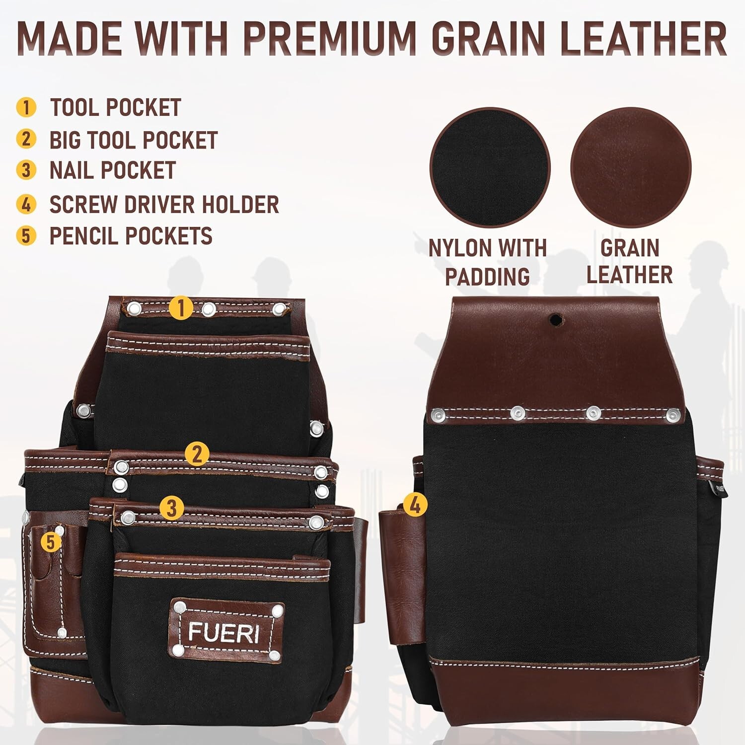19 Pocket Professional Tool Bag, Electricians Workwear Grain Leather Tool Belt