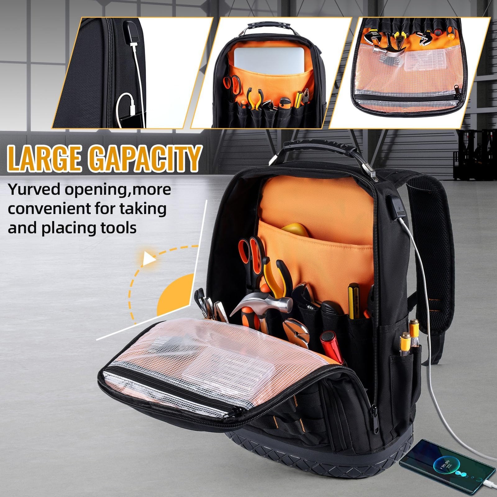 Heavy Duty Tool Backpack, Waterproof Oxford Fabric, 19″ Large Capacity, 44 Pocke