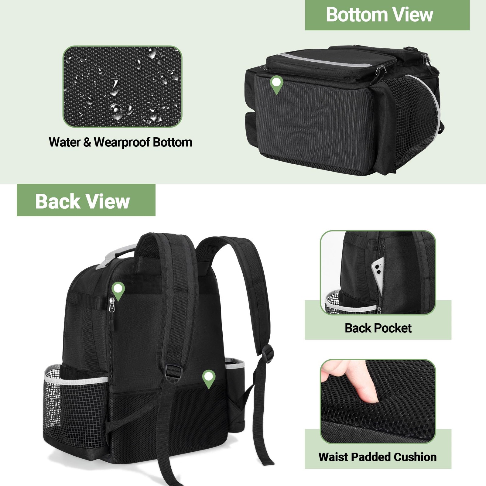 Cleaning Backpack with Bottom Plate & Waterproof Medium, Black