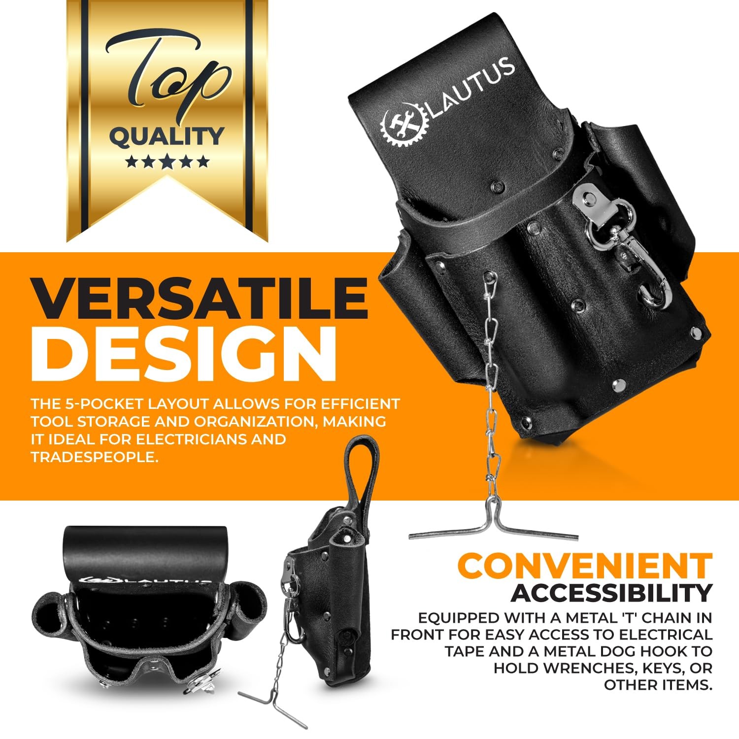 Electrician Full Top Grain Leather Tool Pouch 5 Pocket Tape Chain Clip Black