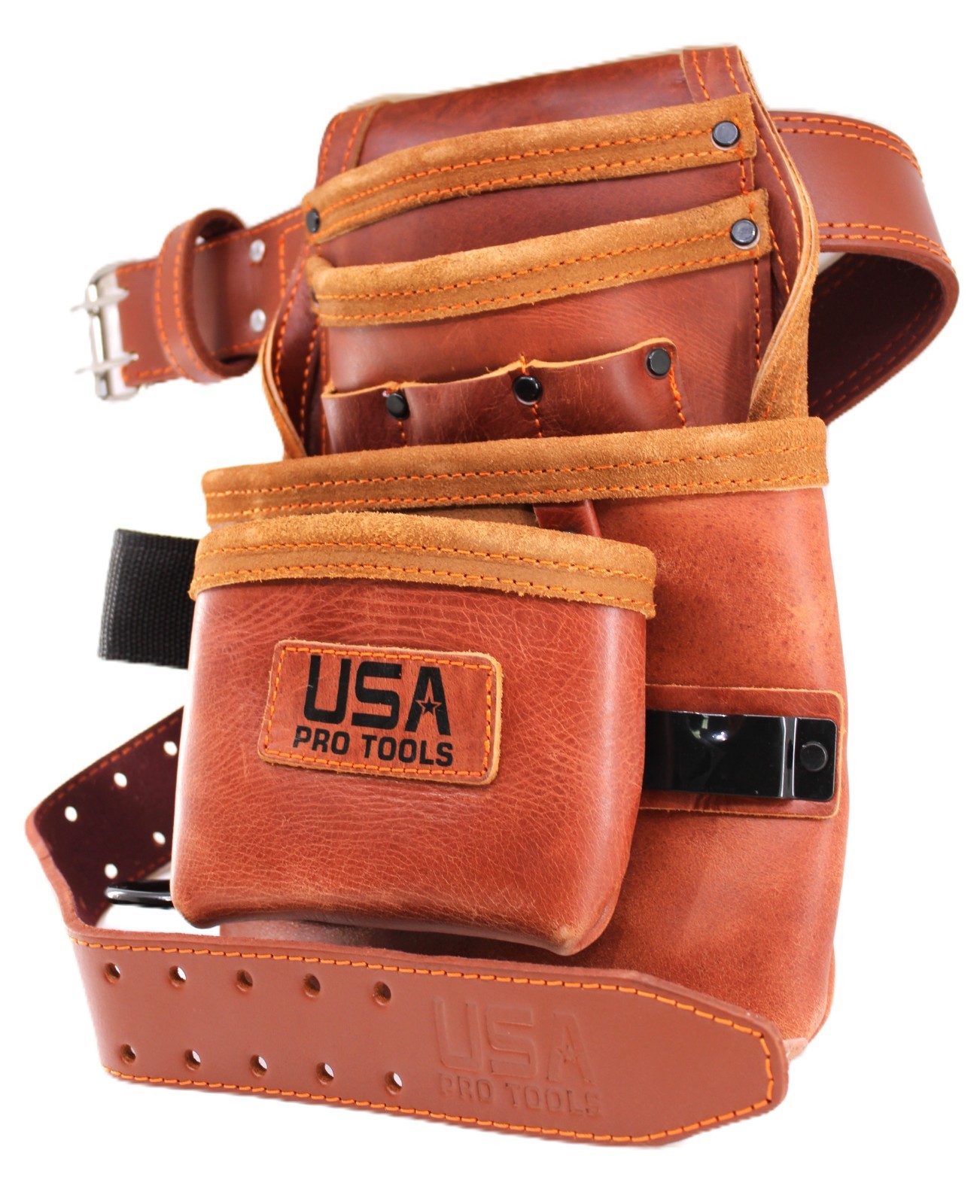 USA PRO TOOLS Top Grain Leather Tool Pouch & Belt – Multi‑Pocket, Hammer Holder