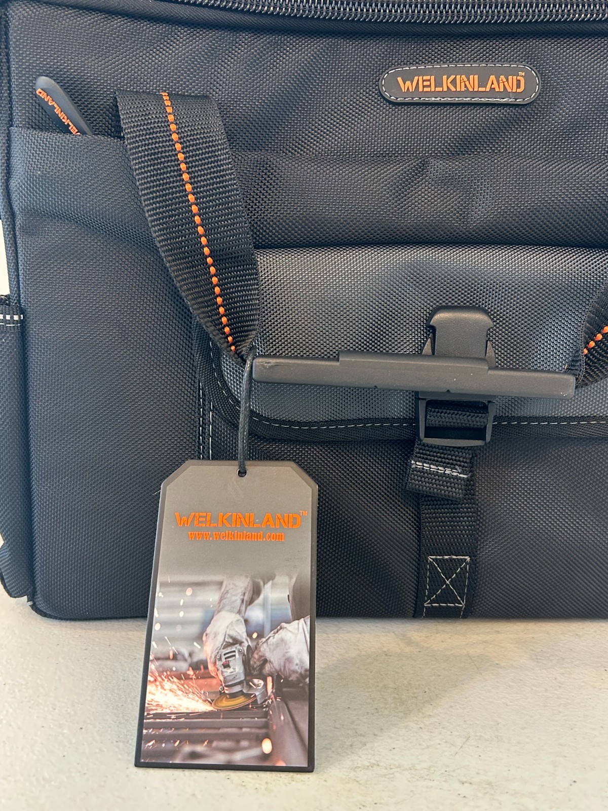 WELKINLAND 15-Pockets Electrician Tool Box Shoulder Tote Bag Large Black Orange