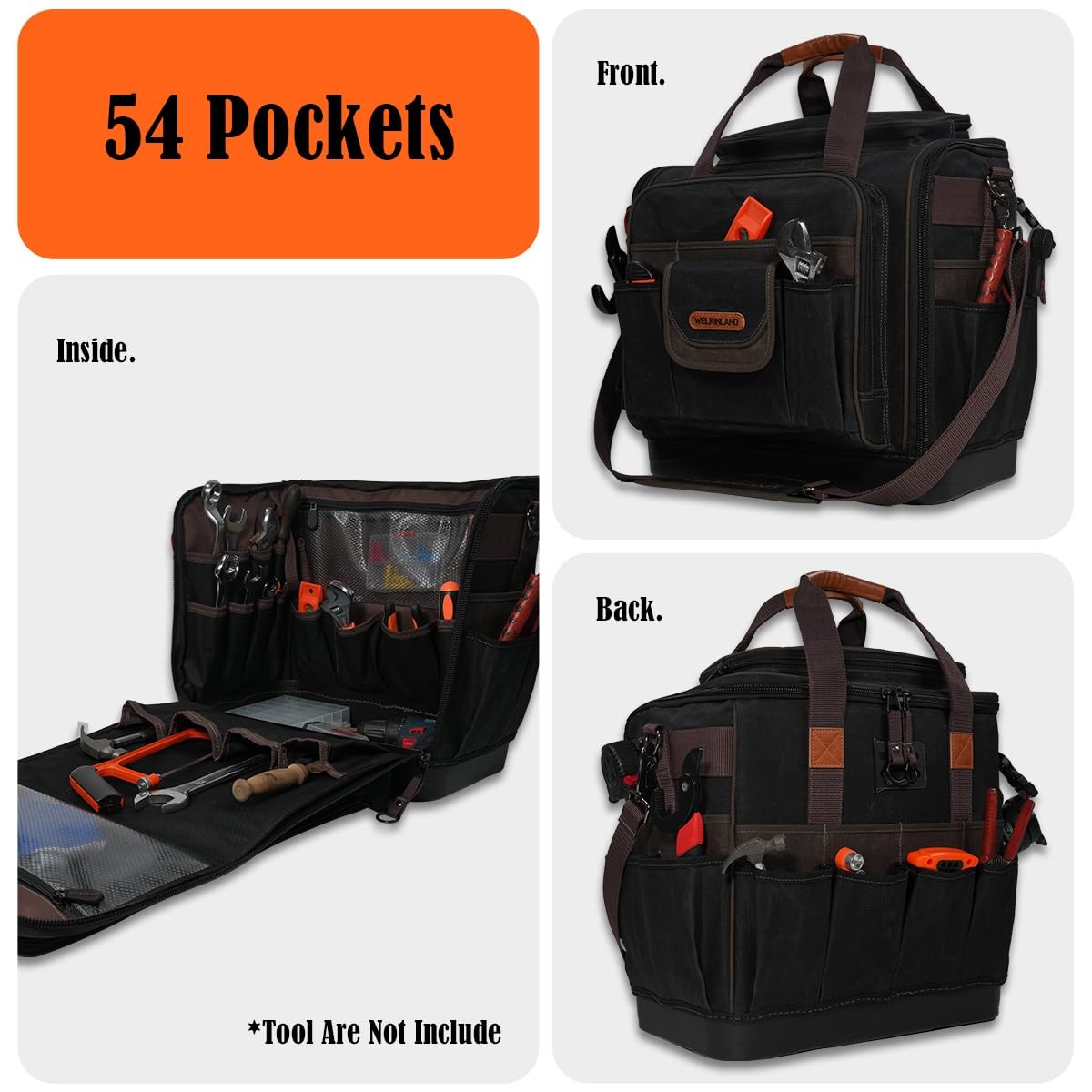 WELKINLAND 54Pockets Electrician Tool Bag, Heavy-Duty Hard Bottom Tool Bag, W…