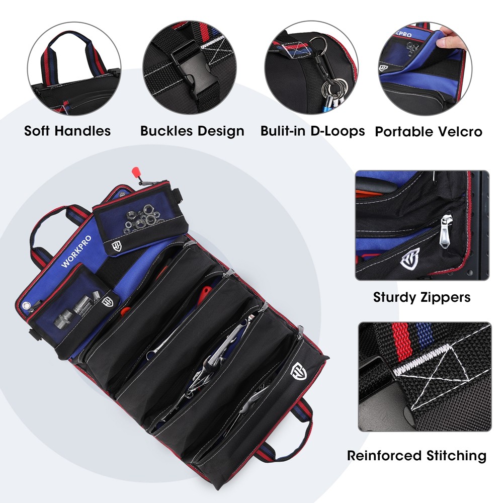 WORKPRO Heavy Duty Roll Up Tool Bag Organizers Detachable Pouches With 6 Pockets