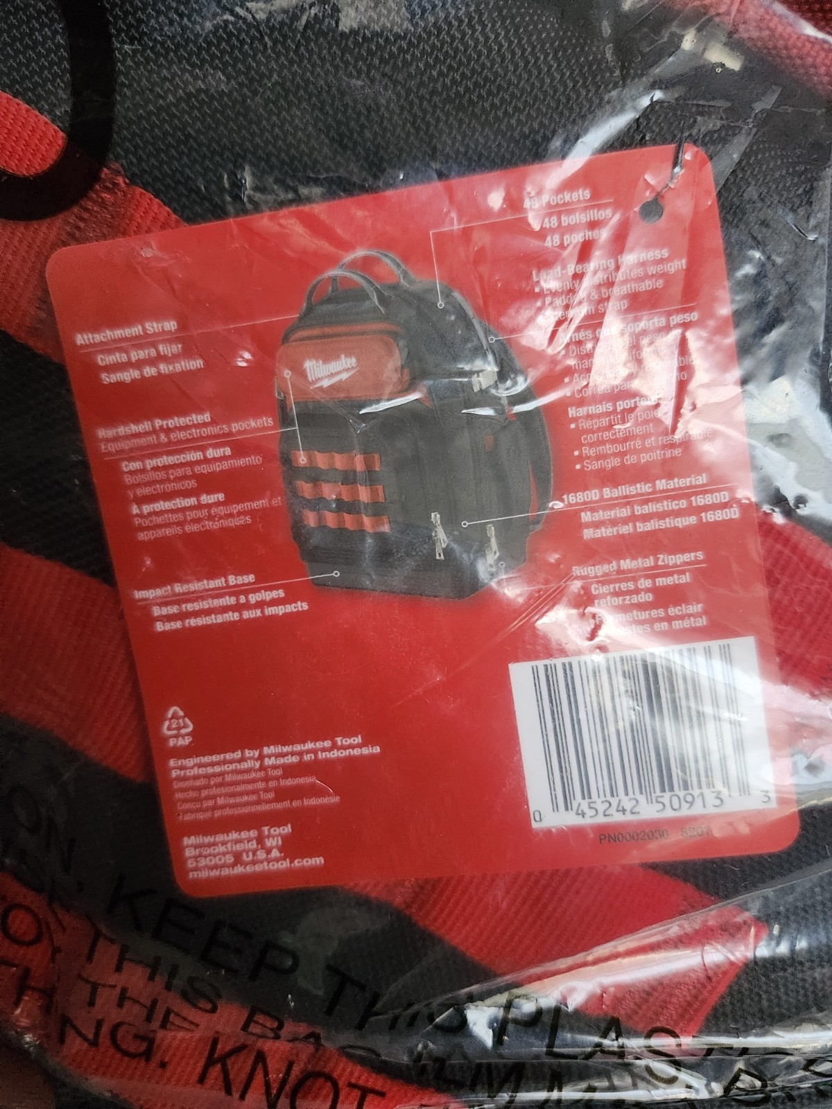 Milwaukee 48-22-8201 48-Pocket Tool Backpack Red/Black Hard Bottom 1680D