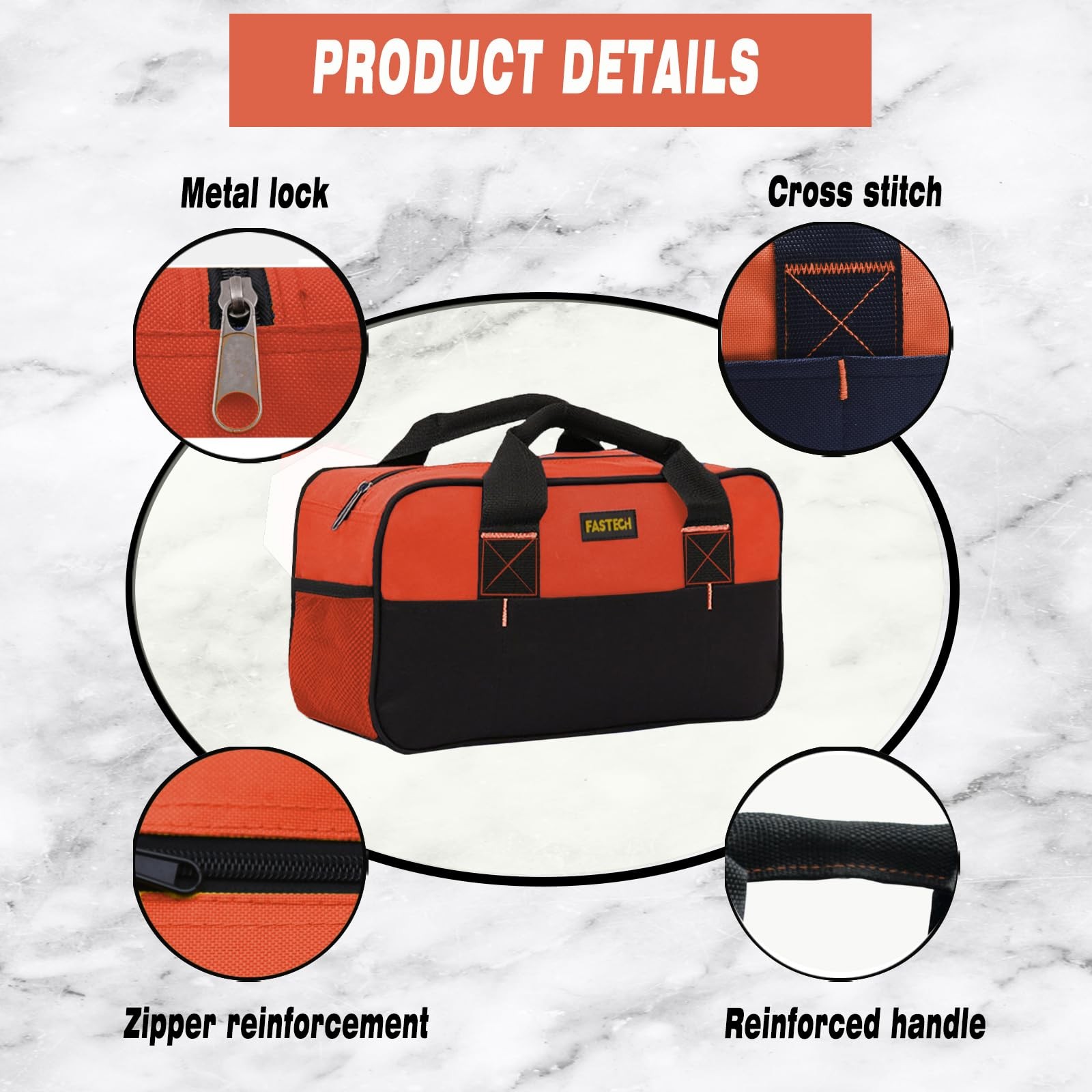 FASTECH 14 Inch Small Tool Tote Bag, Wide Mouth Zipper Orange, Orange