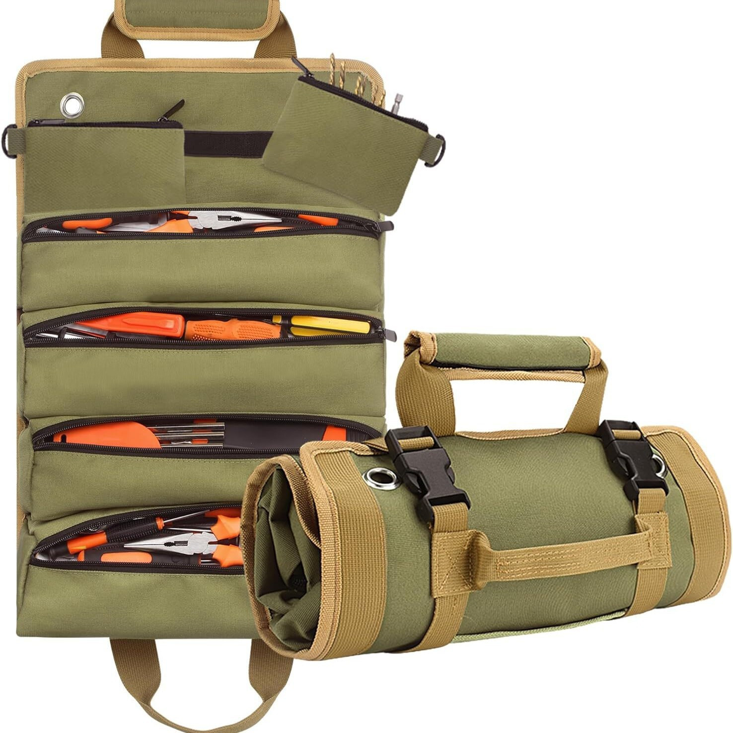 Multi-Purpose Tool Roll Up Bag Wrench Pouch Canvas Hanging Organizer w/ 6 Pocket