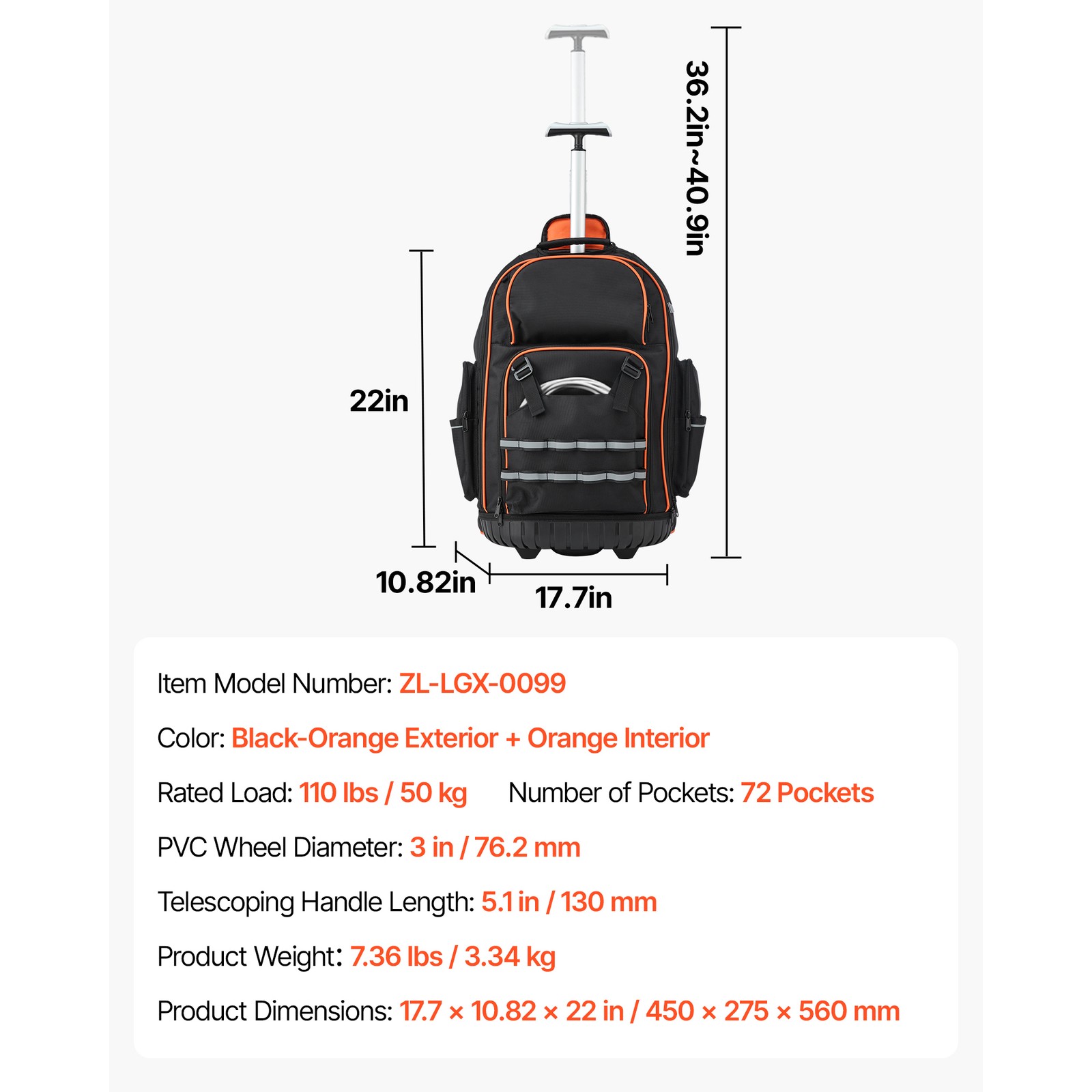Uimoso Rolling Tool Backpack with 72 Pockets and Durable Wheels