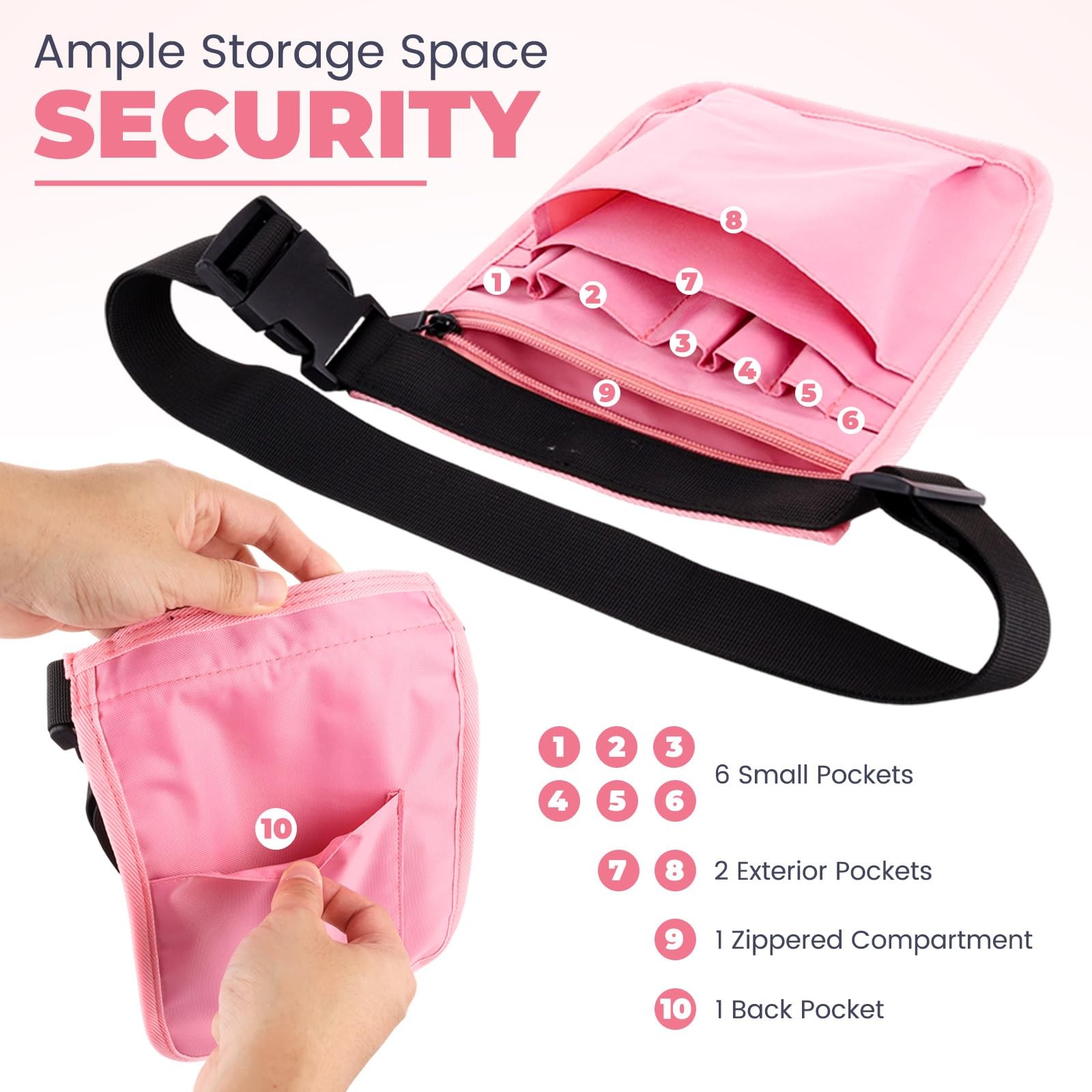 2 PCS Waitress Server Apron Nurse Fanny Pack Utility Tool Belt 10 Pocket Pink