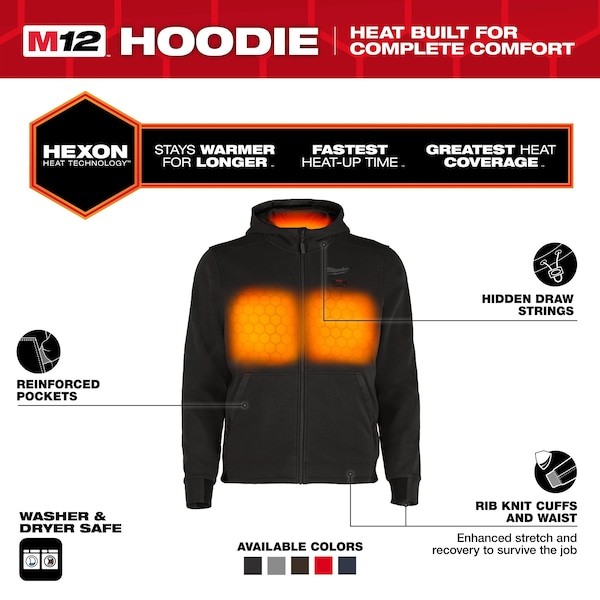 Milwaukee Tool M200b-213X Men’s Heated Hoodie, Up To 8 Hours Time, Zipper