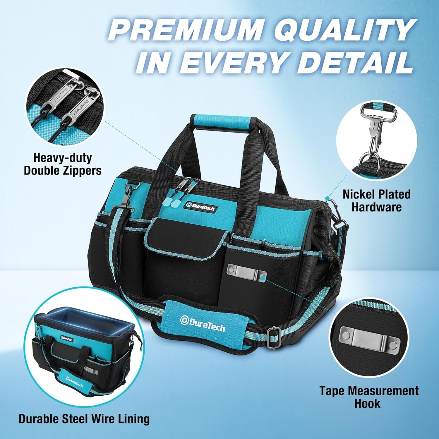 18Inch Large Tool Bag w/Waterproof Hard Bottom Heavy Duty w/19 Pockets Polyester