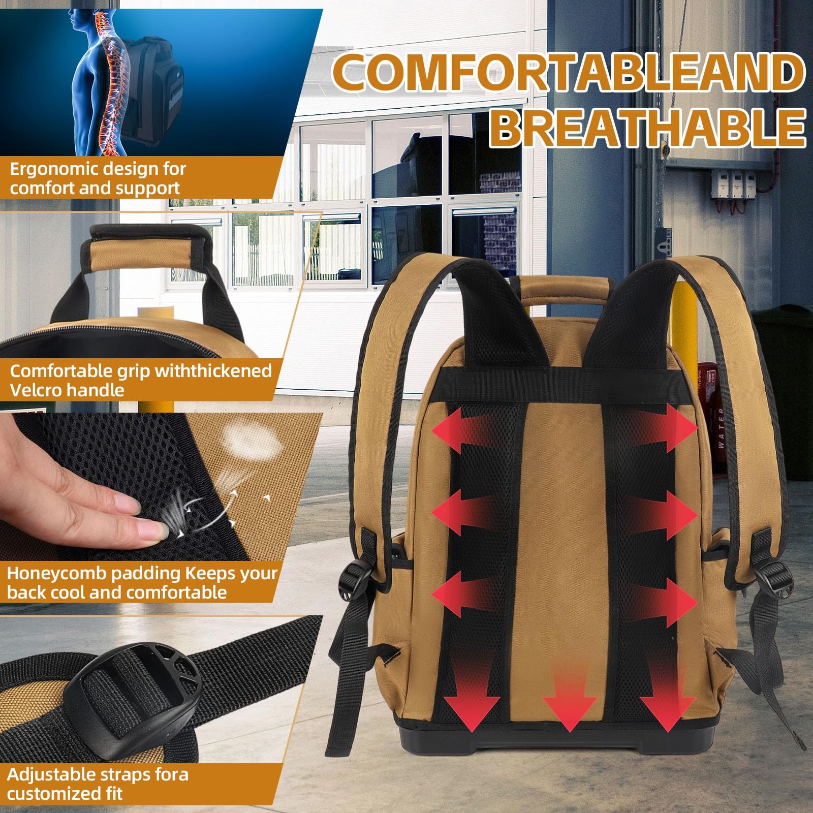 Tool Bag Backpack, Heavy Duty Backpack with Waterproof Molded Base, Electrician