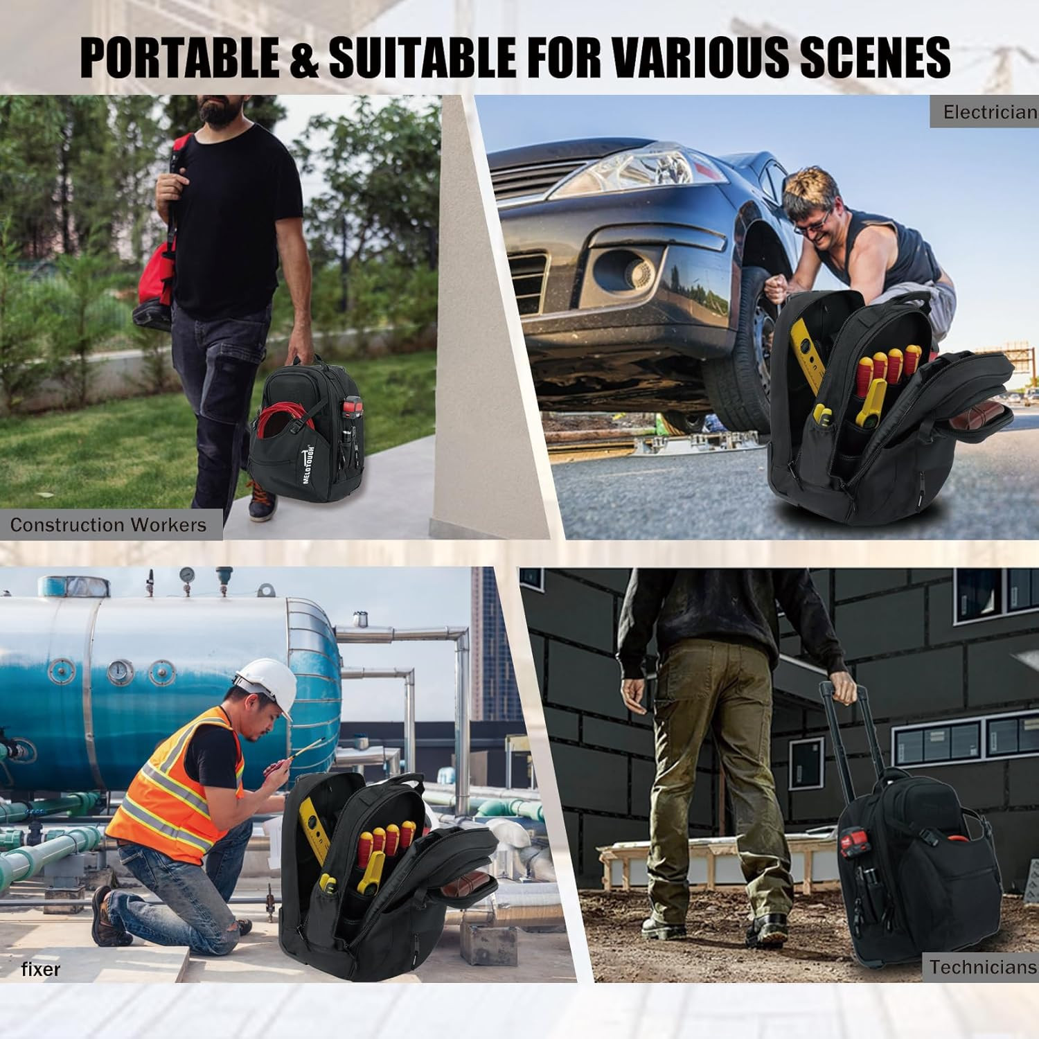 Wheeled Tool Bag with 35 Pockets & Laptop Sleeve – Water Resistant Design