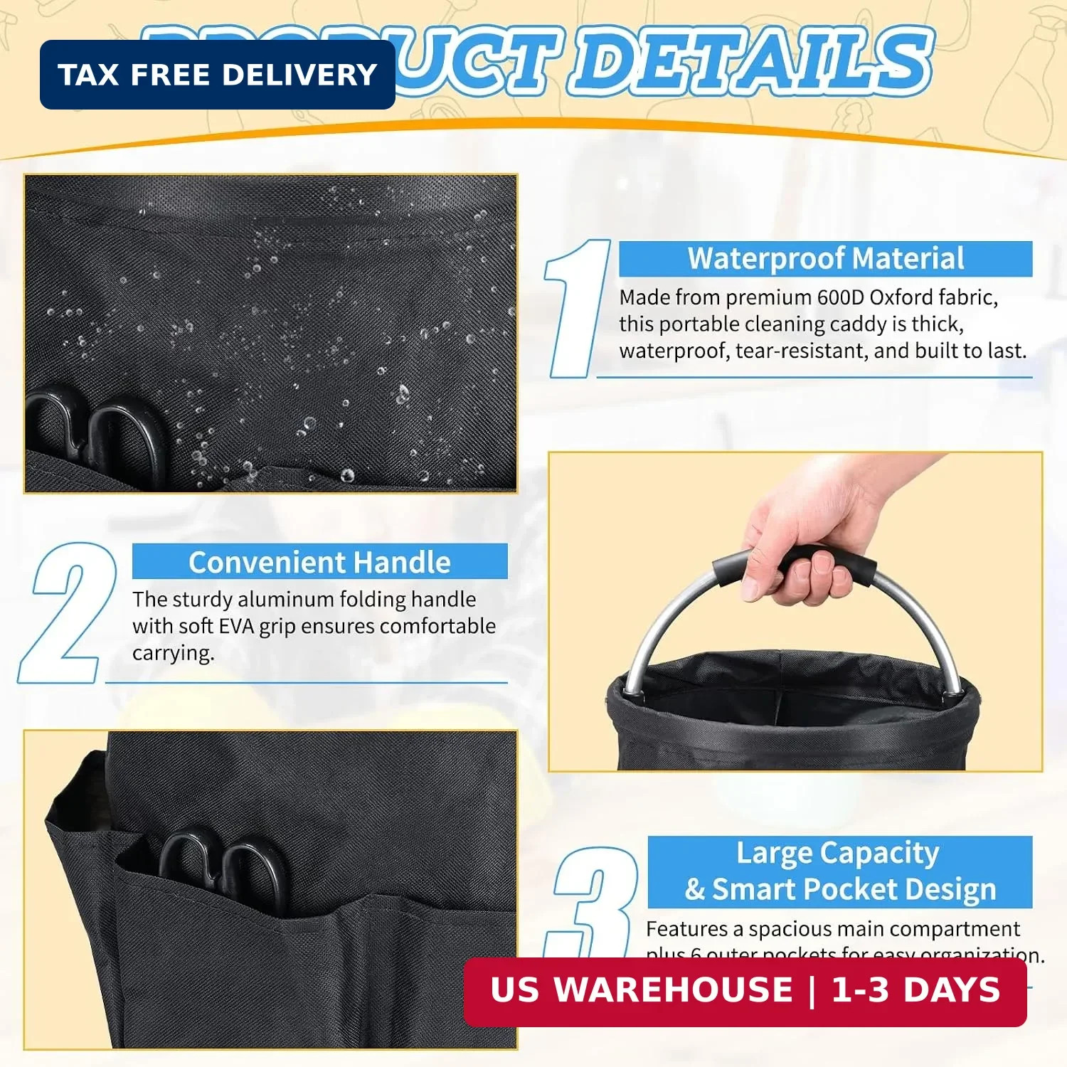 17L Cleaning Caddy with Handle & 6 Pockets, Foldable Cleaning Supply Organizer,