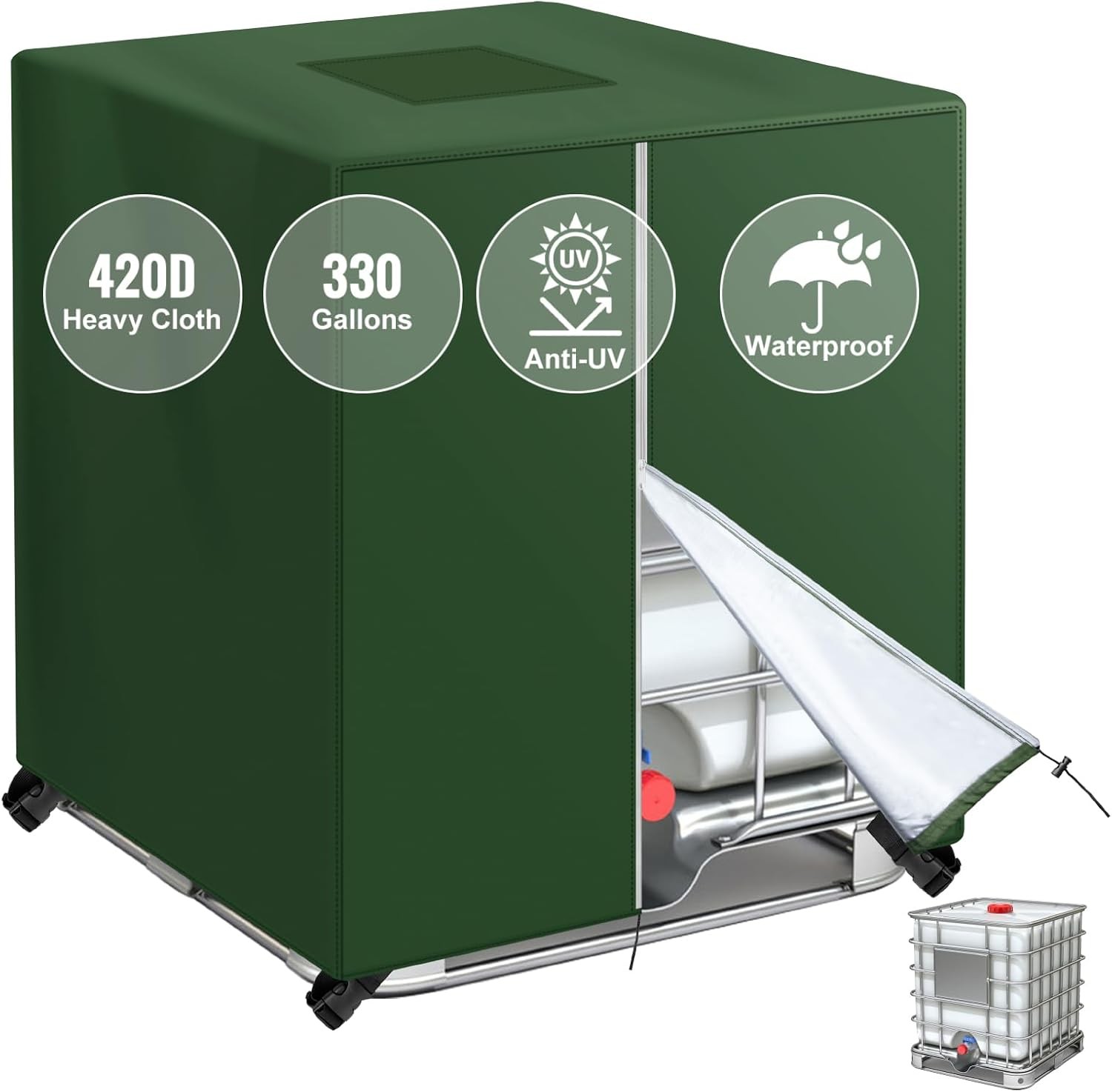 275/330 Gallon IBC Tote Cover with Zipper – Waterproof Sun-Resistant 420D Heavy