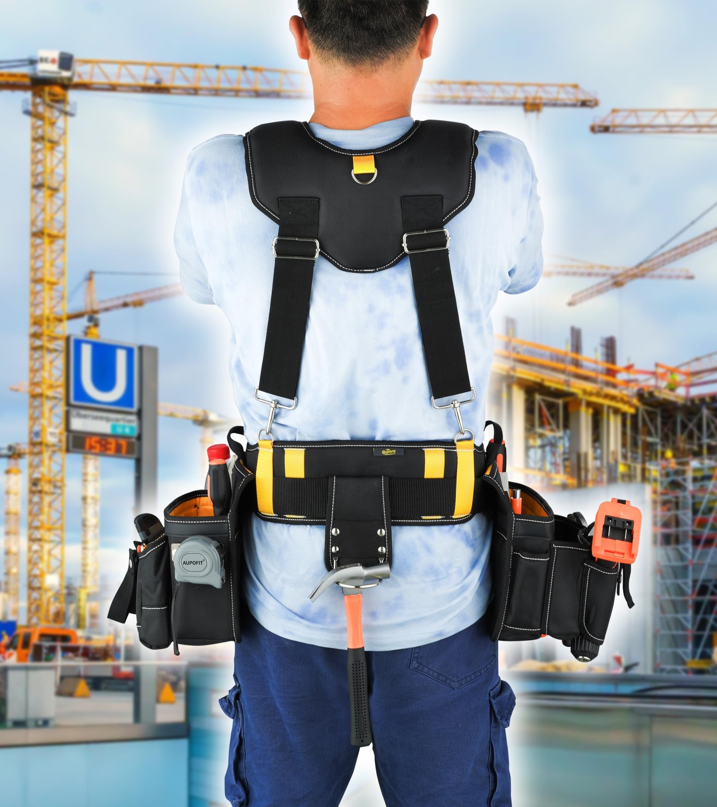 Comfortable Tough Thick 7-Piece Tool Belt with Suspenders 32 Pockets and Loops,1