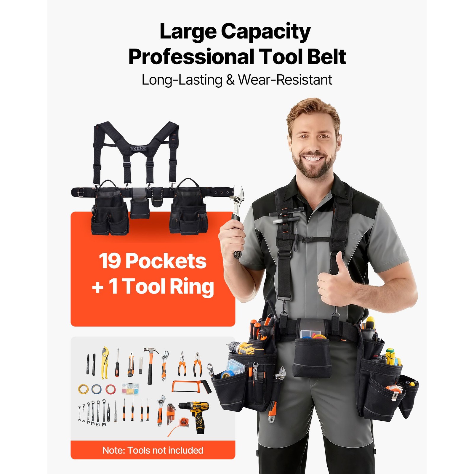 19-Pocket Work Belt with Detachable Suspenders, 31-51in