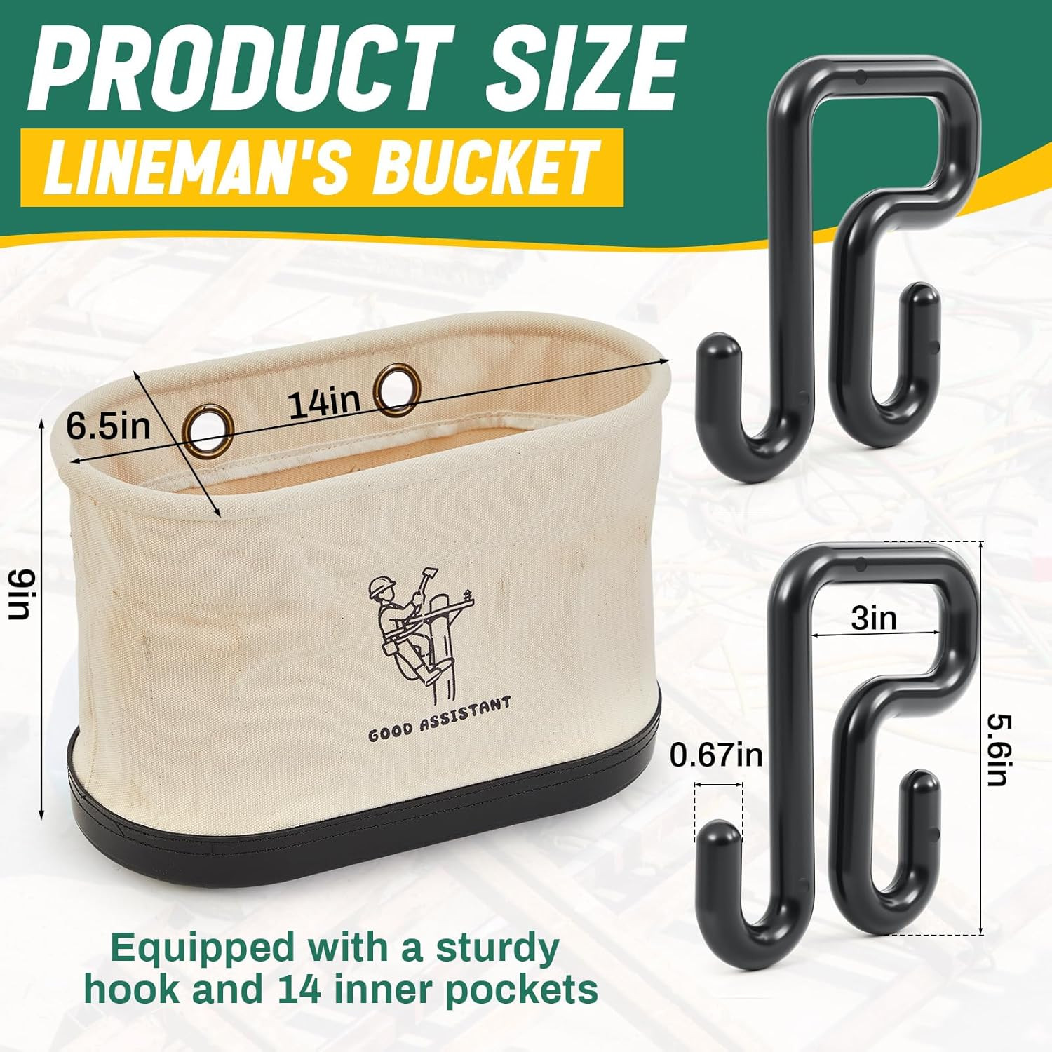 1 Pcs White Canvas Bucket Bag Including Hooks Lineman Aerial Oval Tool Bucket wi