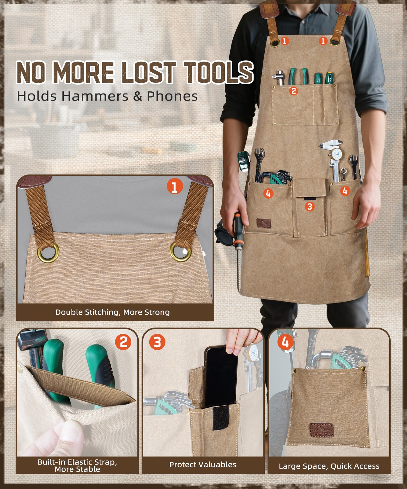 Canvas Cross Back Woodworking Tool Apron Heavy Duty Adjustable Work Apron Unisex