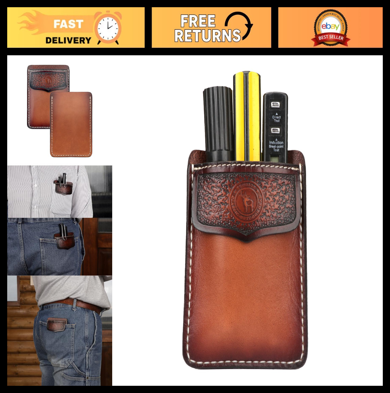 Genuine Leather Pocket Protector for Men | Durable Tool Pouch for Jeans & Shirts