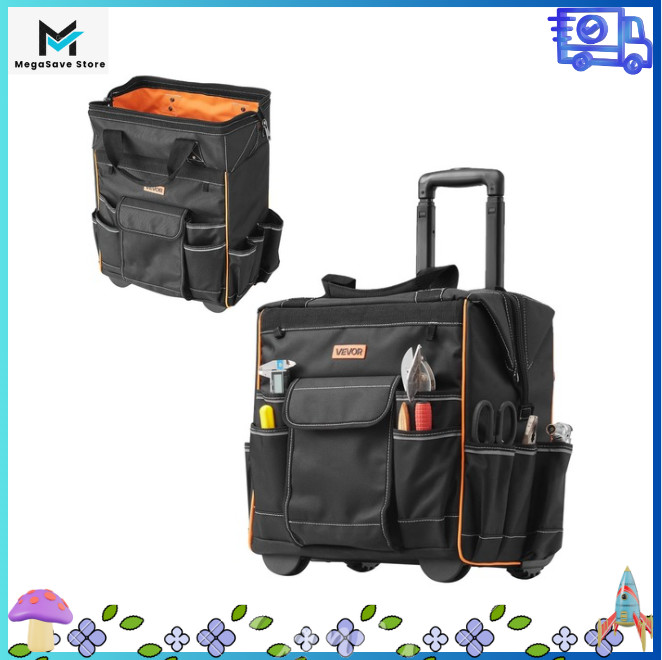 Rolling Tool Bag 15 Inch Heavy Duty with Wheels 25 Pockets 110lb