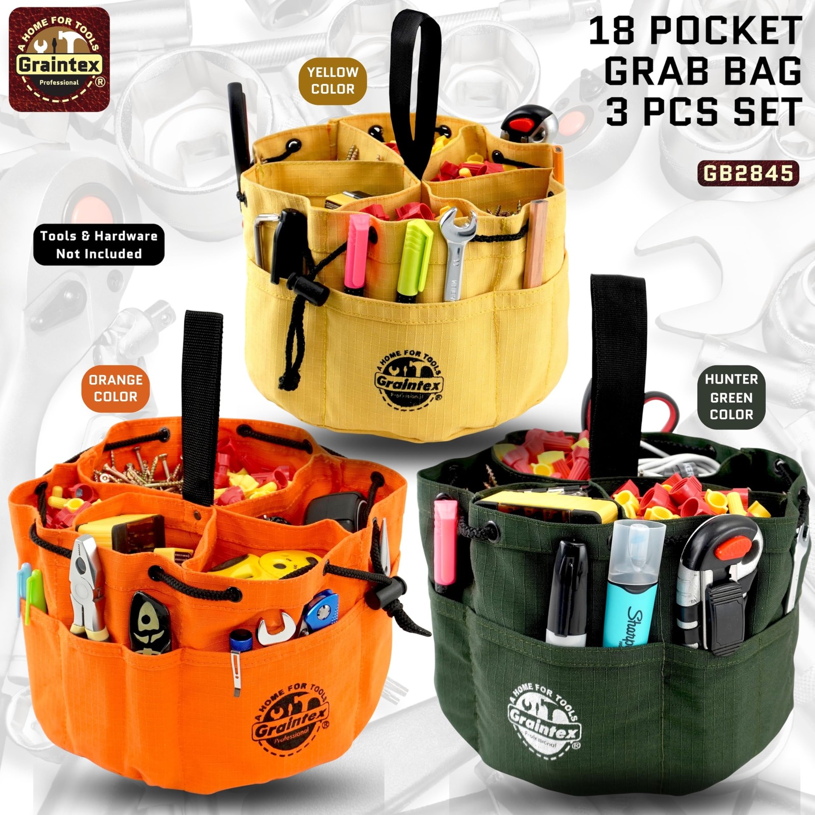 18 Pocket Grab Bags Set of 3 Pcs Rip-Stop Canvas, Drawstring Closure, Small P…