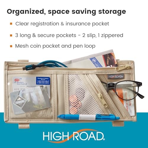 Car Visor Organizer with Zippered Pockets, Sunglasses Sleeve and Clear Tan