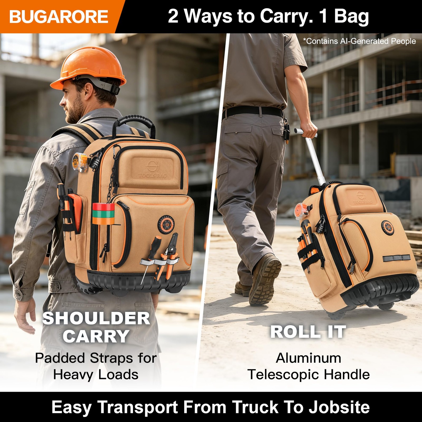 16″ Rolling Tool Backpack with Wheels, 75 Pockets Electrician Tool Bag for Co…