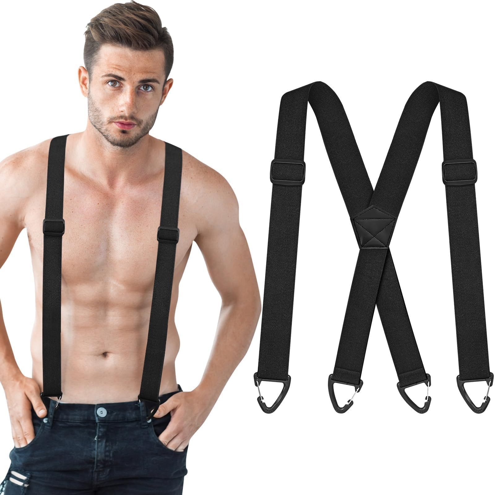 playneeu Suspenders for Men, Adjustable X-Back Elastic Pant 1Pack, Black