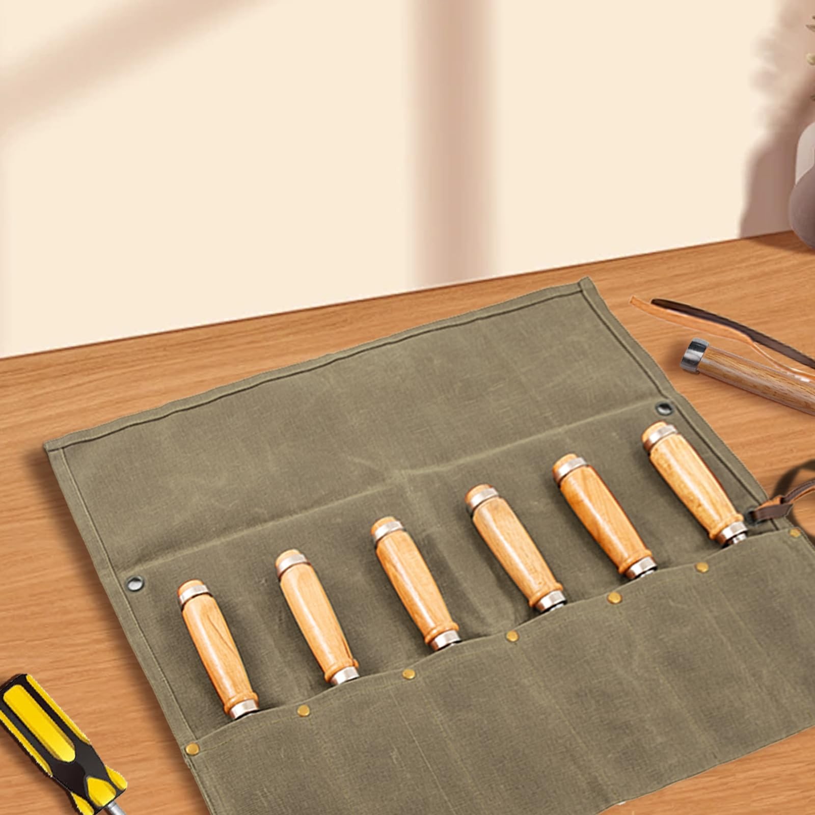 Chisel Roll,6 Pockets Roll Up Tool Pouch,Waxed Canvas Small khaki