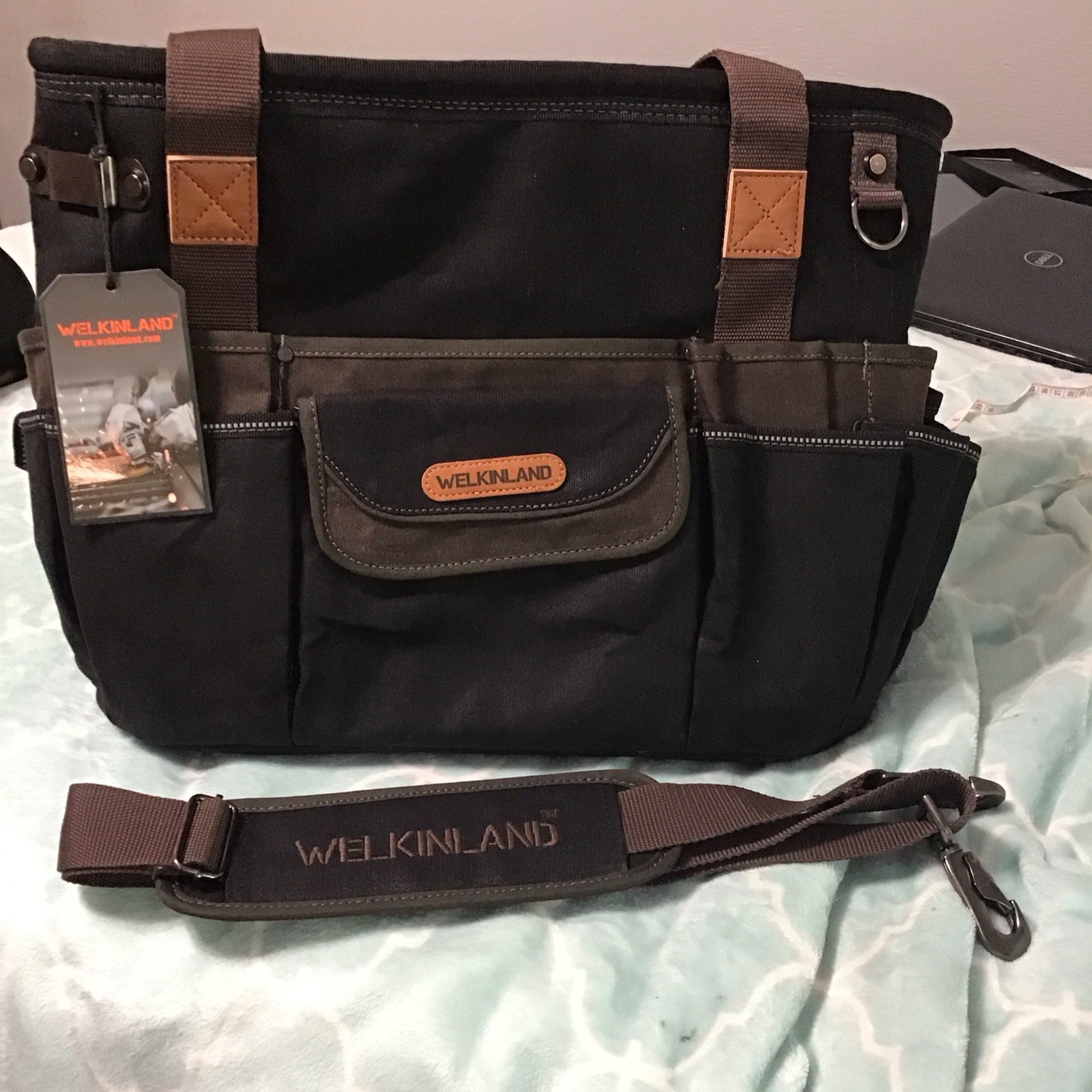 WELKINLAND Tool Tote Bag Black/Brown Fabric with Handle & Shoulder Strap