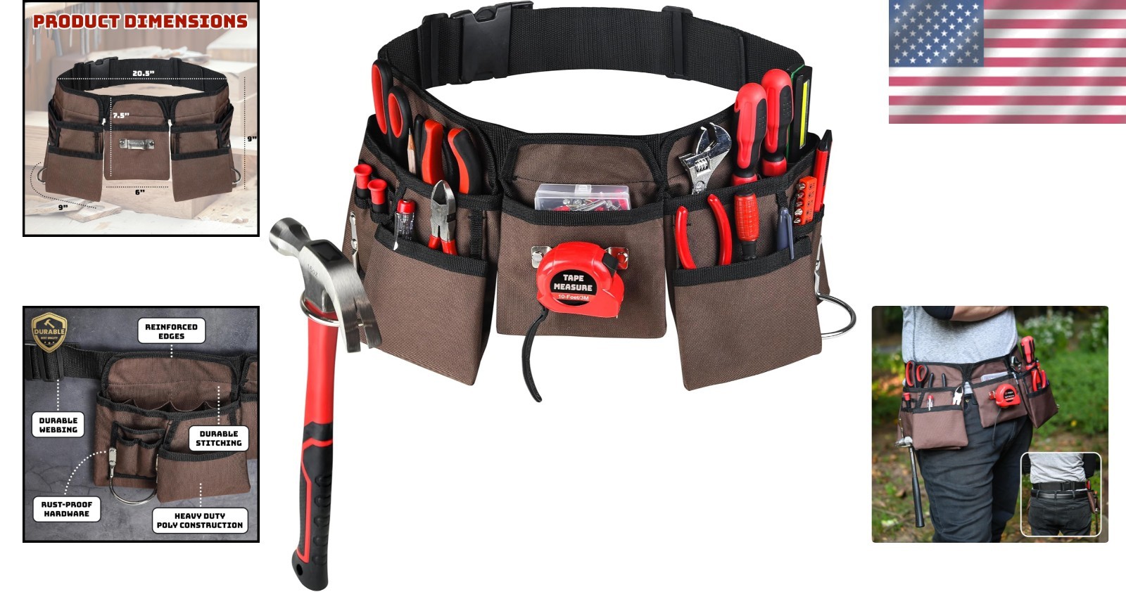 Adjustable Work Belt with 19 Pockets – Durable 1,000D Polyester, 33-50” Size