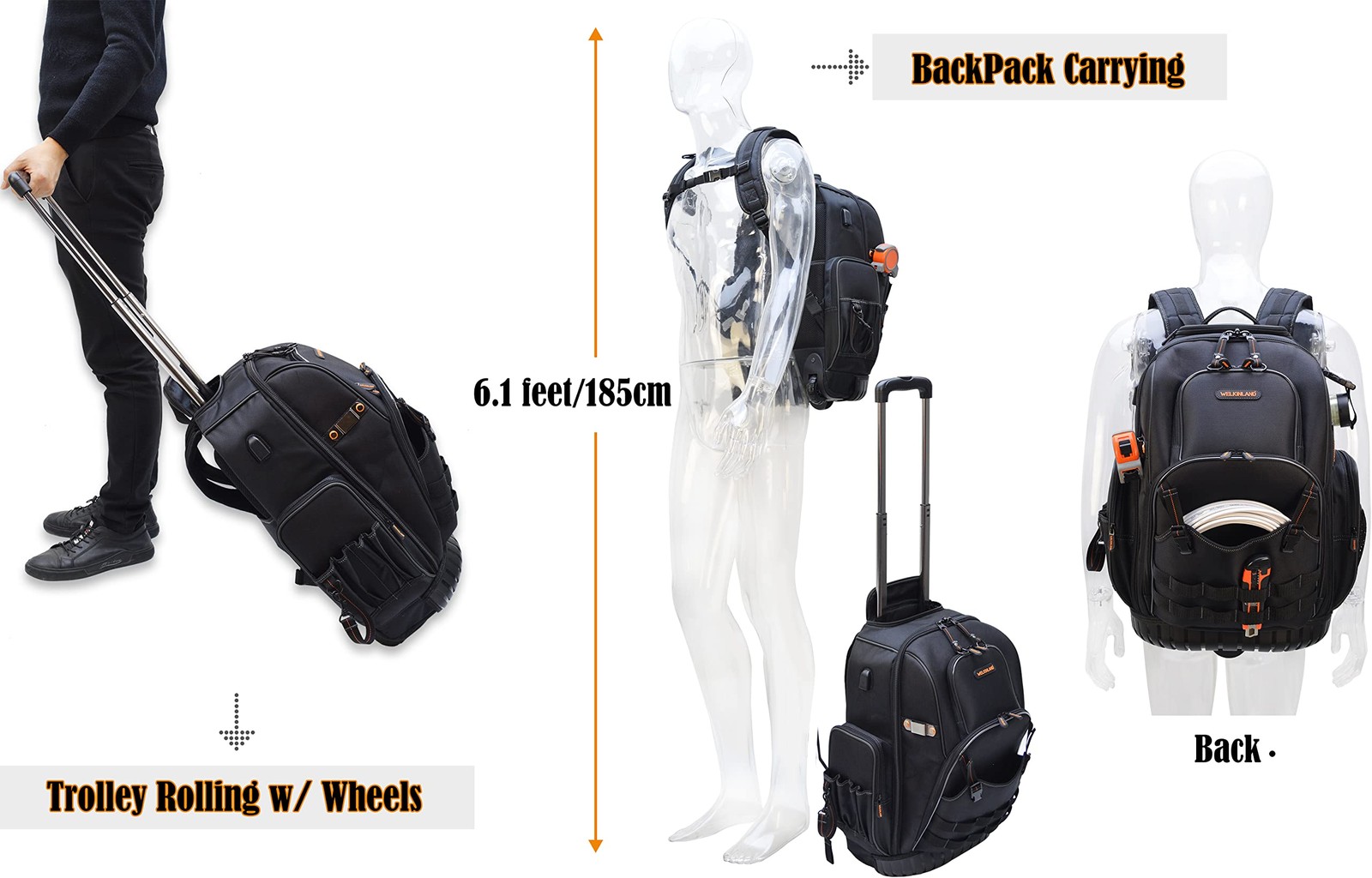 WELKINLAND 72Pockets Rolling Tool backpack, Large tool Large, Black w/ Orange