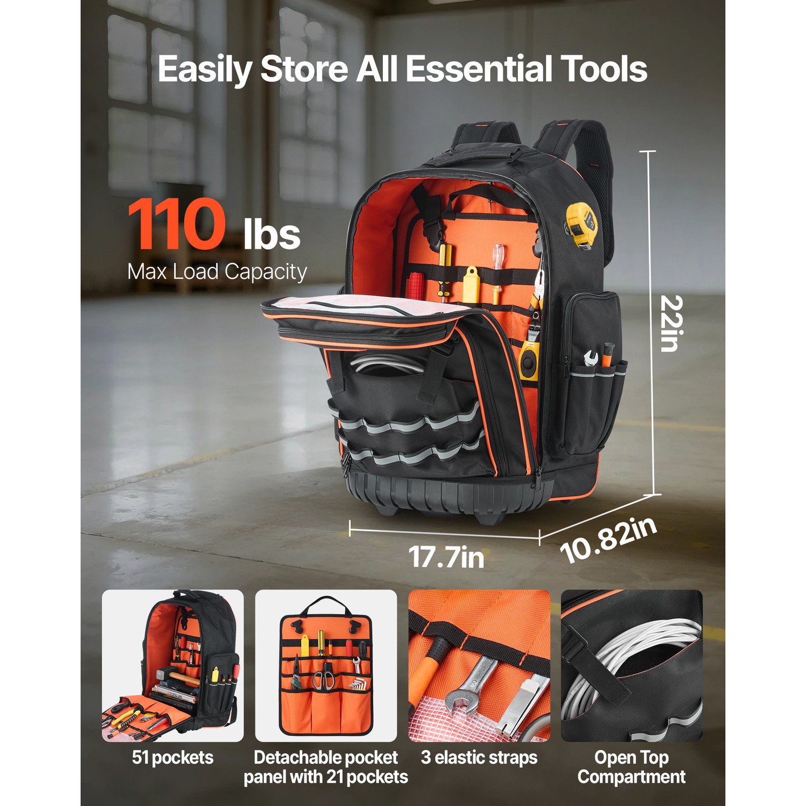 Uimoso Rolling Tool Backpack with 72 Pockets and Durable Wheels