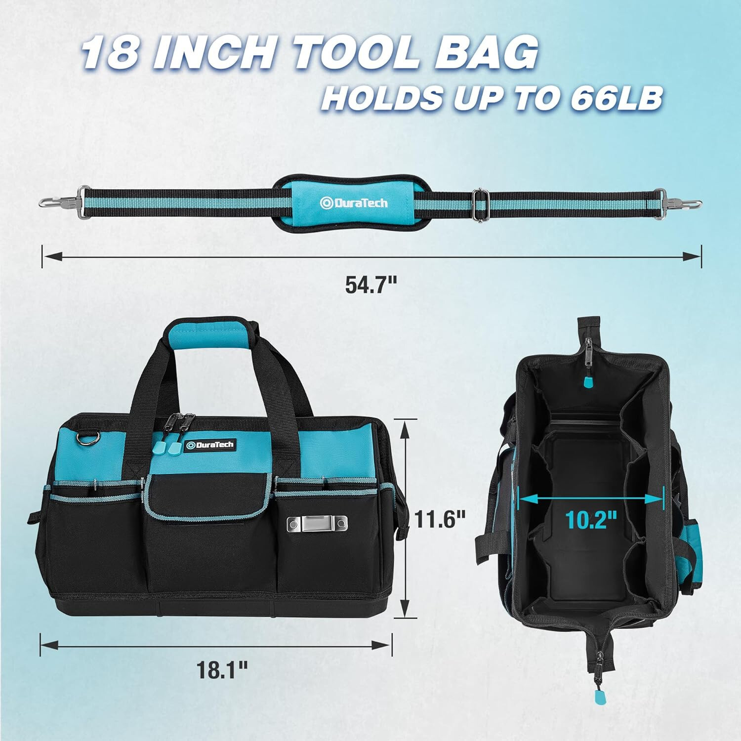 DURATECH 18-Inch Large Tool Bag w/Waterproof Hard Bottom Heavy Duty w/19 Pockets