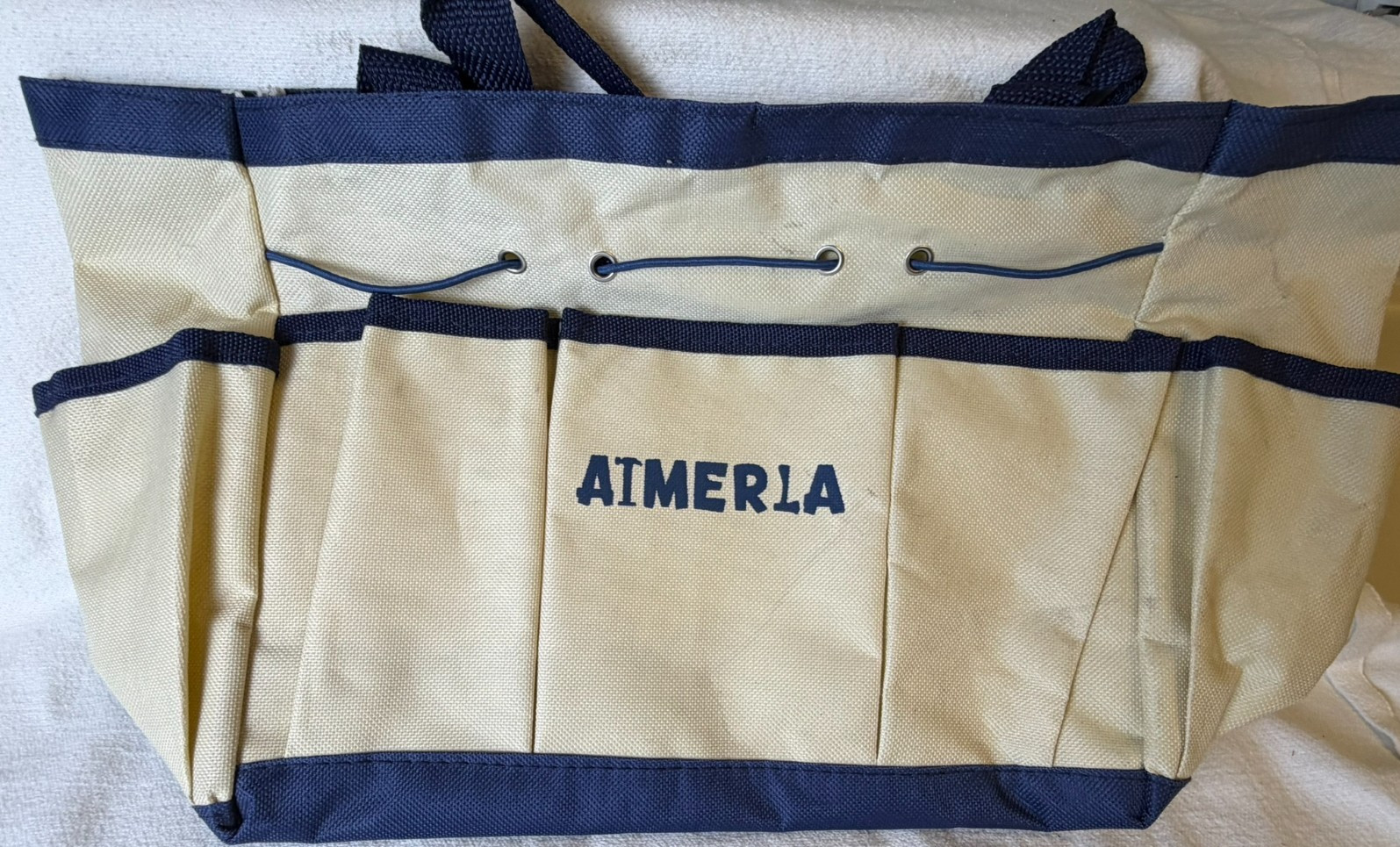 Aimerla Canvas Tool Tote Bag Beige Navy Multi Pocket Organizer Carryall
