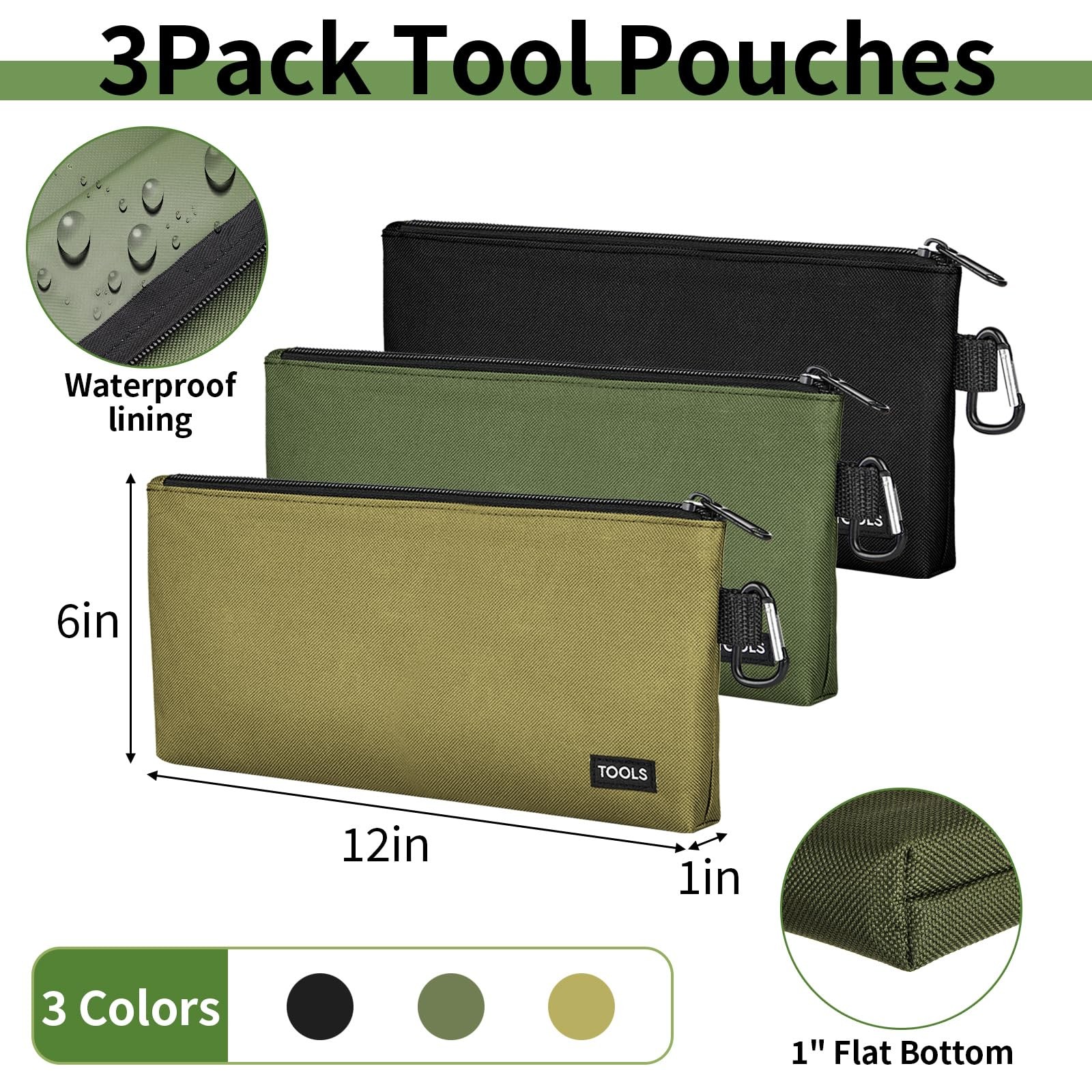 3 Pack Premium Tool Pouches Zipper Bag 12 Inch Small Carabiner Heavy Duty Canvas