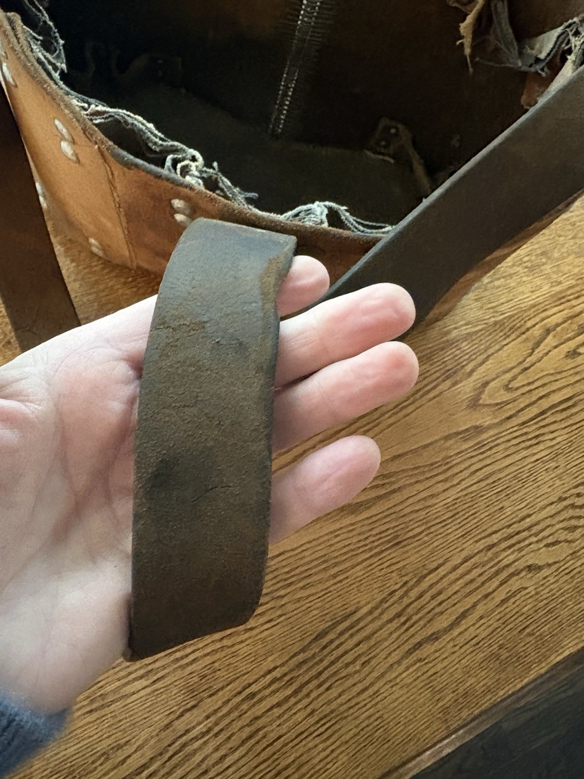 Early 20th century industrial riveted & stitched mechanic Leather Wood tool bag
