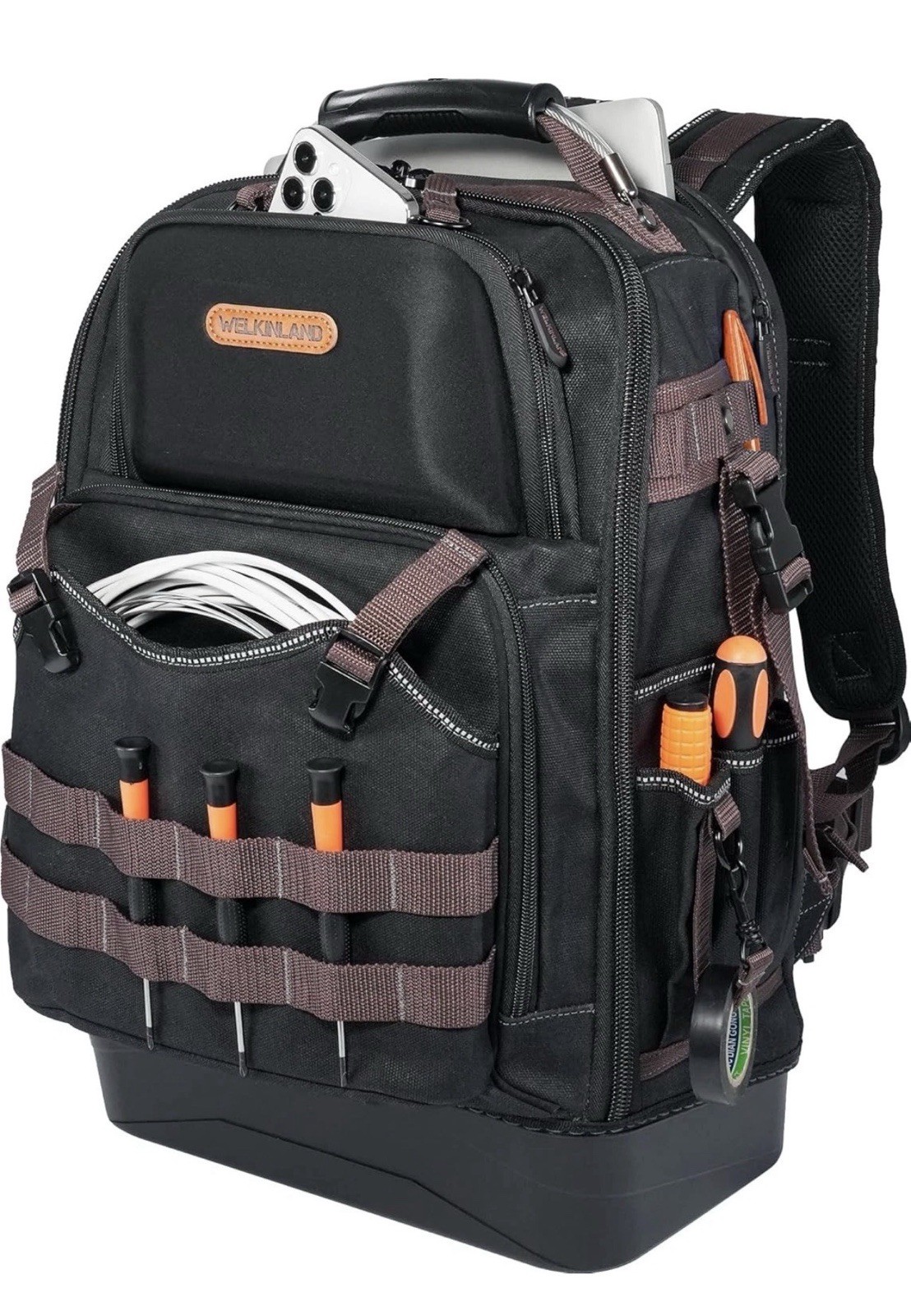 WELKINLAND 76 Pocket Hard Bottom Tool Backpack w/ 16″ Laptop Compartment