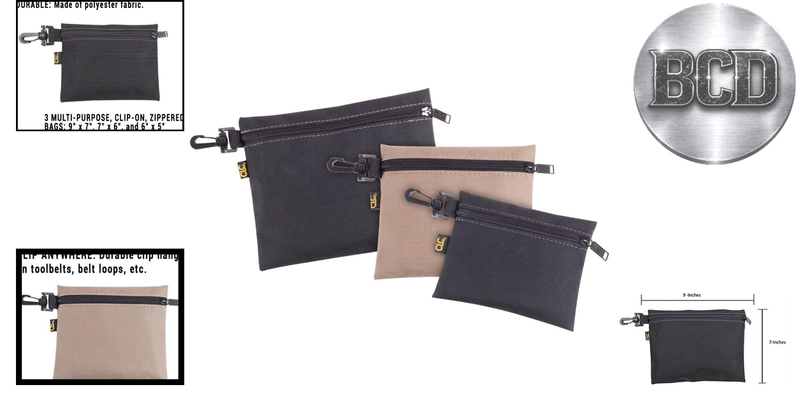 Durable Zippered Clip-on Poly Bags – Set of 3 for Easy Tool Organization