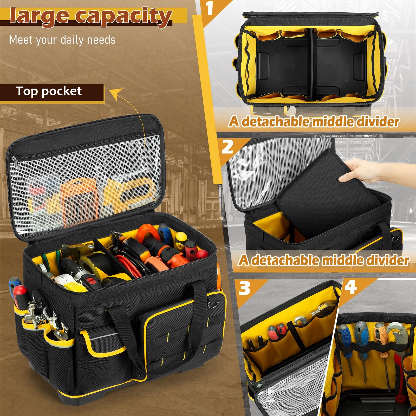 16-inch Tool Bag with Hard Bottom and a Detachable Divider, Heavy Duty Tool Tote
