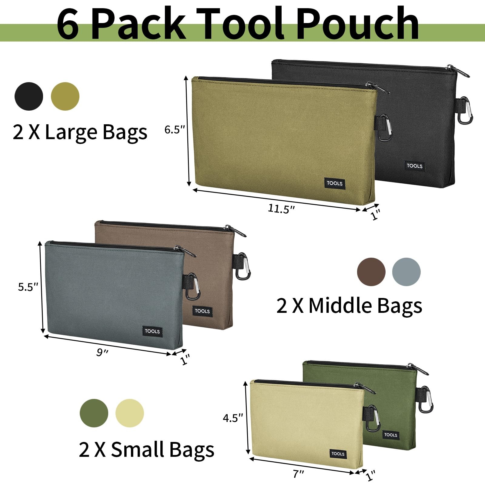 COIDEA 6 Pack Zipper Pouch, Premium Tool Bag, Utility Flat Small, Multicolor