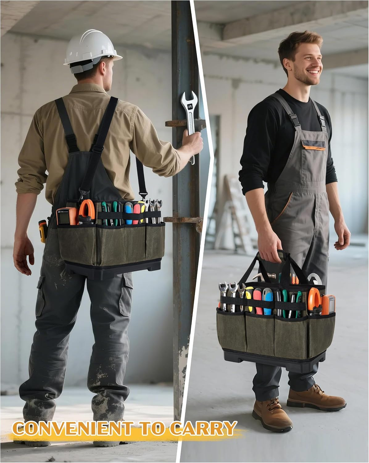 Large Waxed Canvas Tool Bag with Hard Bottom and 8 Pockets, Dark Green