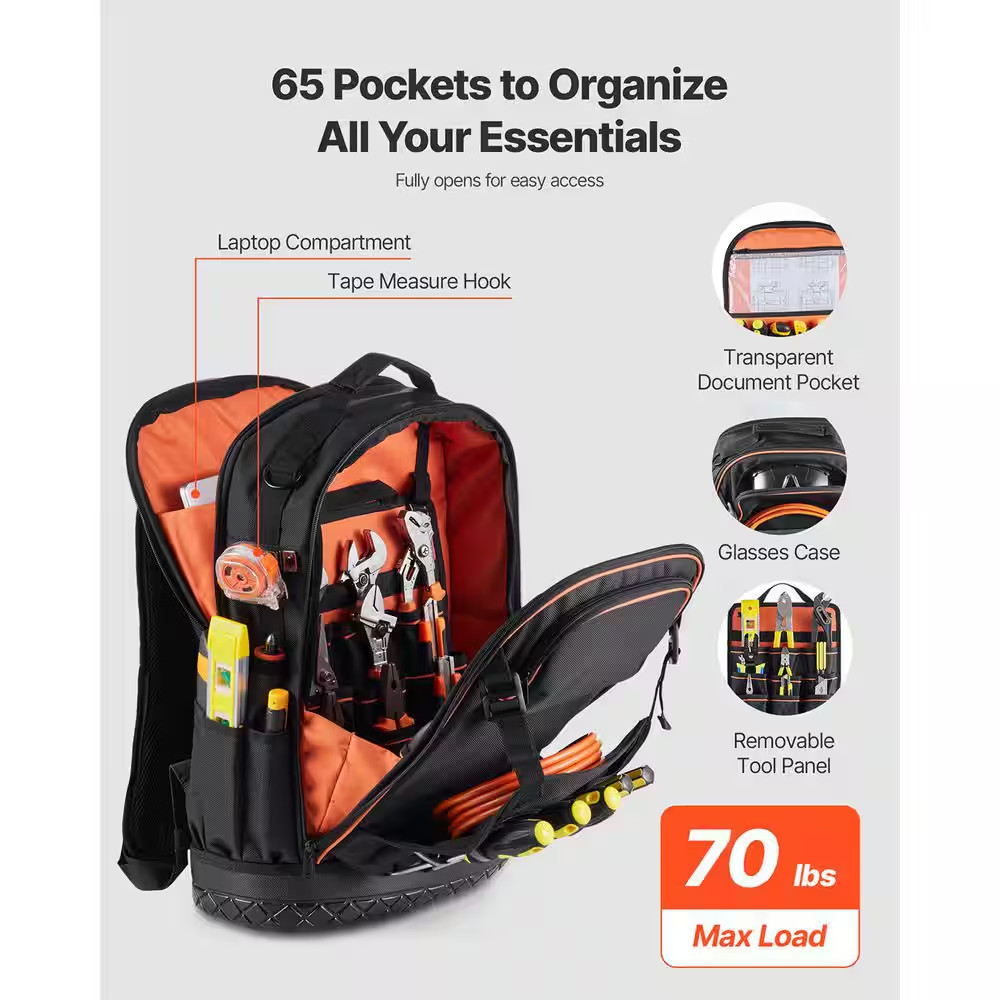 Tool Backpack with Tools, 65 Pockets, Heavy-Duty Tools Storage Organizer Bags wi
