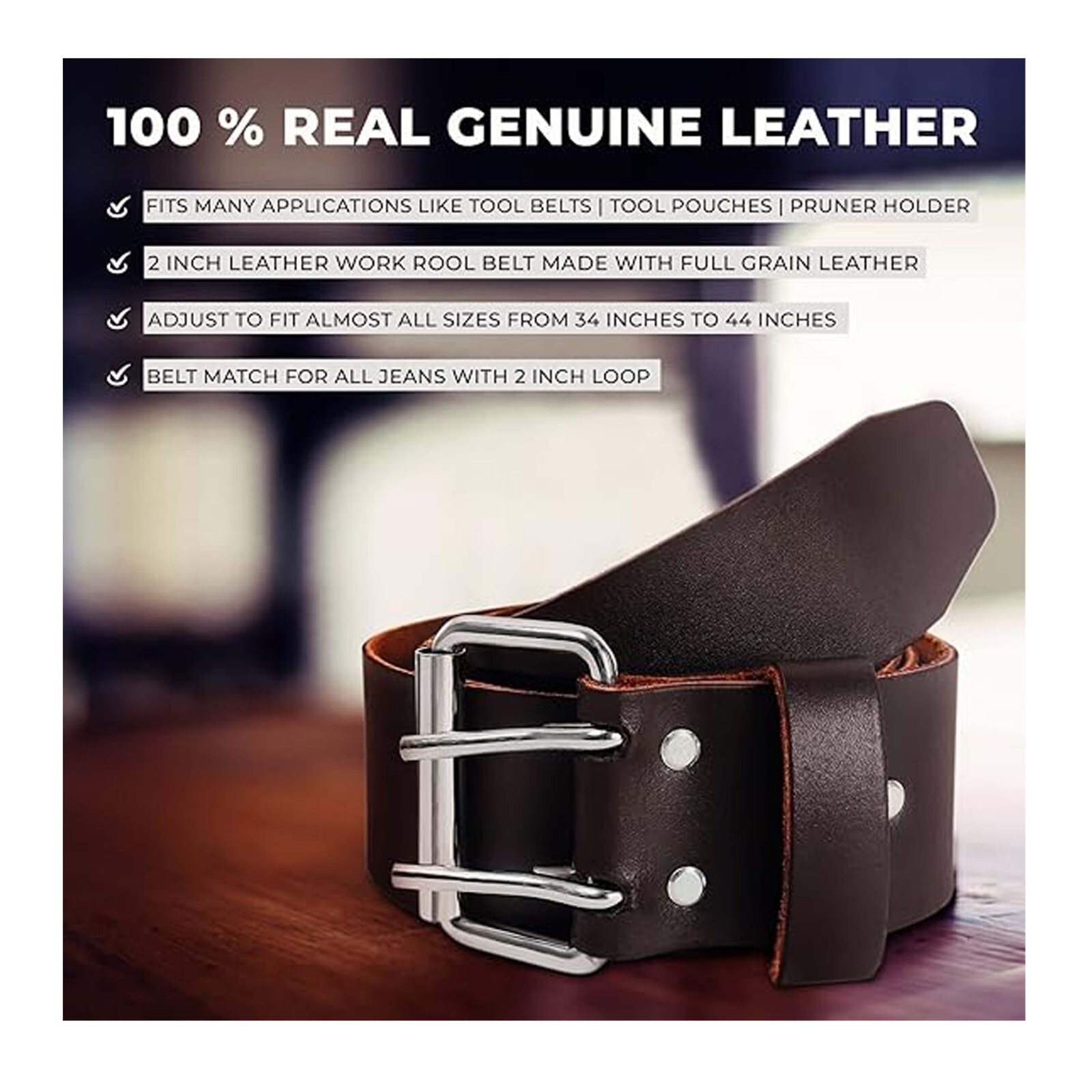 Heavy Duty Top Grain Pure Leather Tool Belt For Construction, Handyman 2″Wide