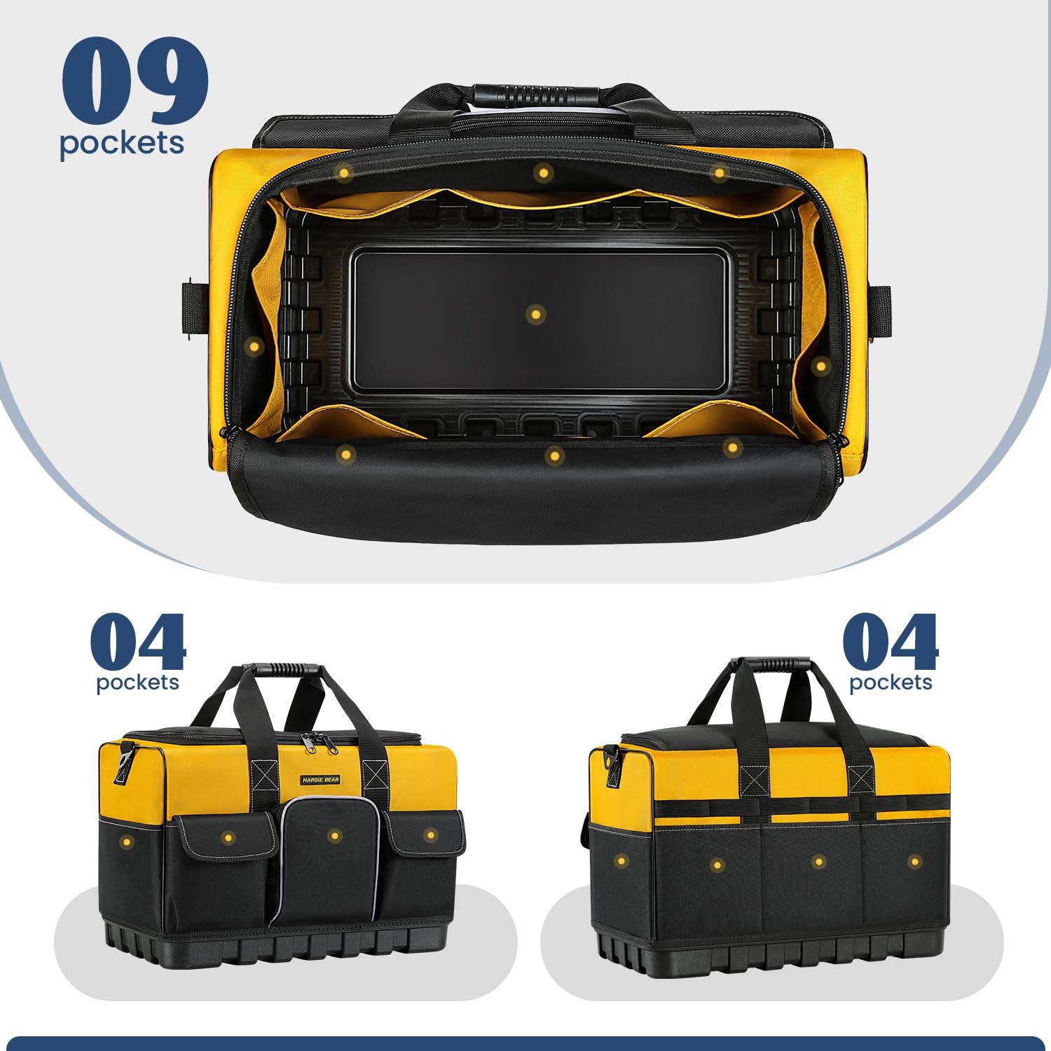 Tool Bag, 18 Inch, Yellow and Black, Wide Mouth Opening, Multiple Pockets, Sh…