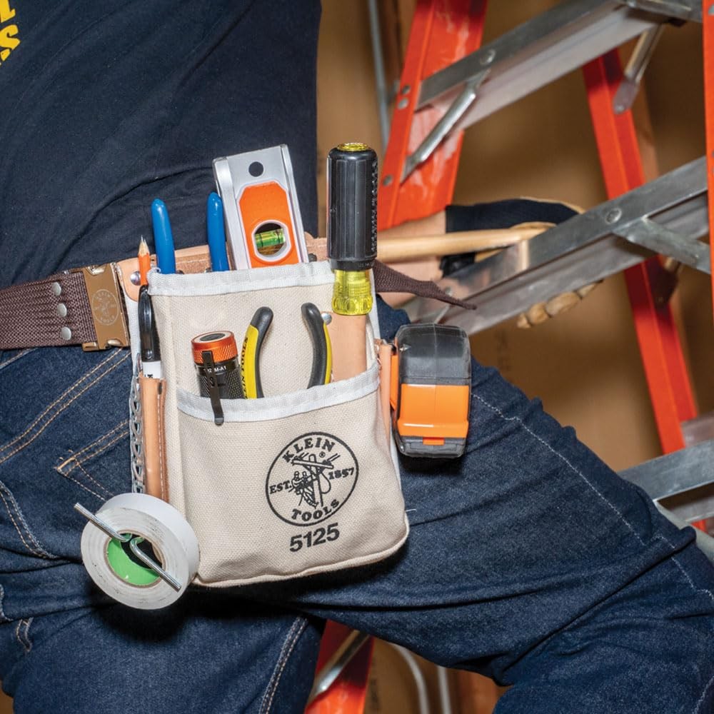 Klein Tools 5125 Canvas and Leather 5Pocket Tool Pouch with Chain Tape Thong …